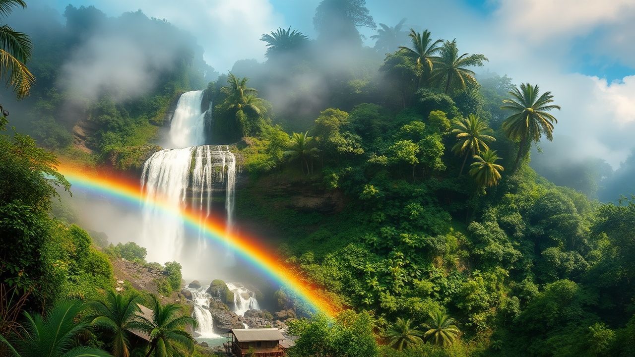 Serene Jungle Waterfall Hidden in the Mist