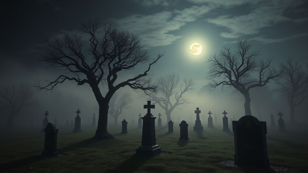 Haunting Graveyard Full Moon in the Mist