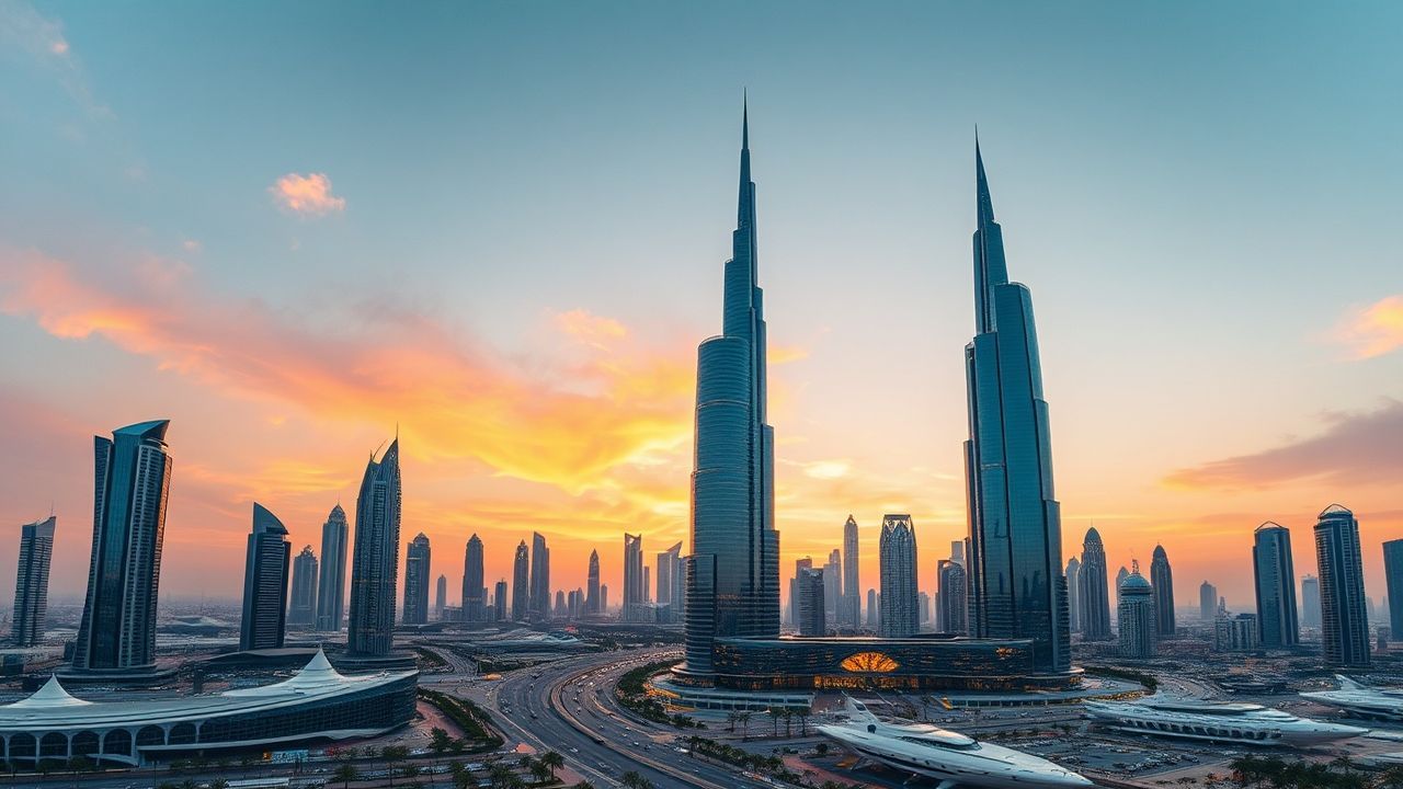 Towering Dubai Futuristic Towers at Sunset