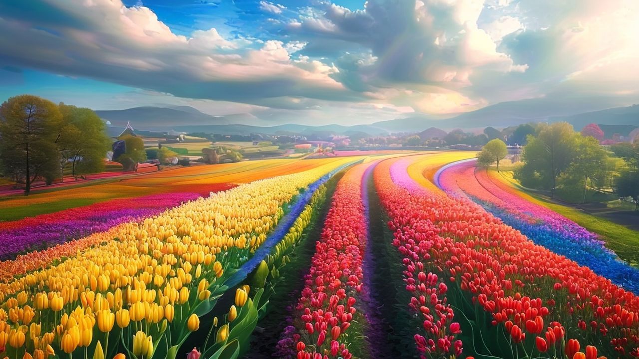 Lush Tulip Fields Netherlands from Above