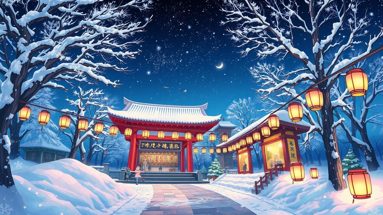 Dreamy Shrine Lanterns Anime in Winter