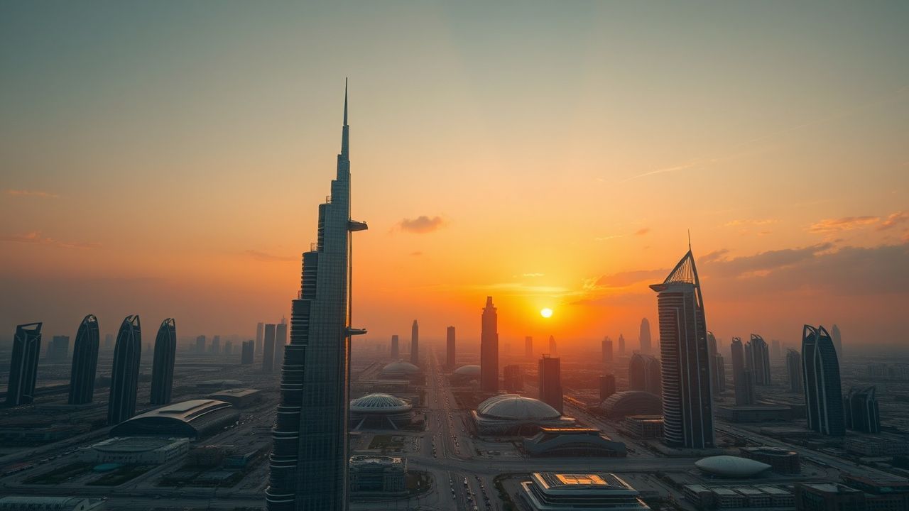 Majestic Dubai Futuristic Towers at Sunset
