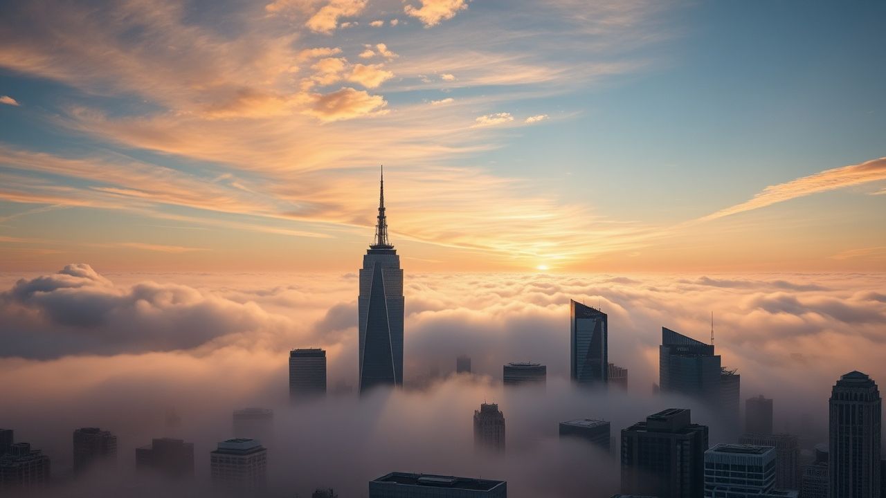 Towering City Skyscrapers Emerging in the Mist