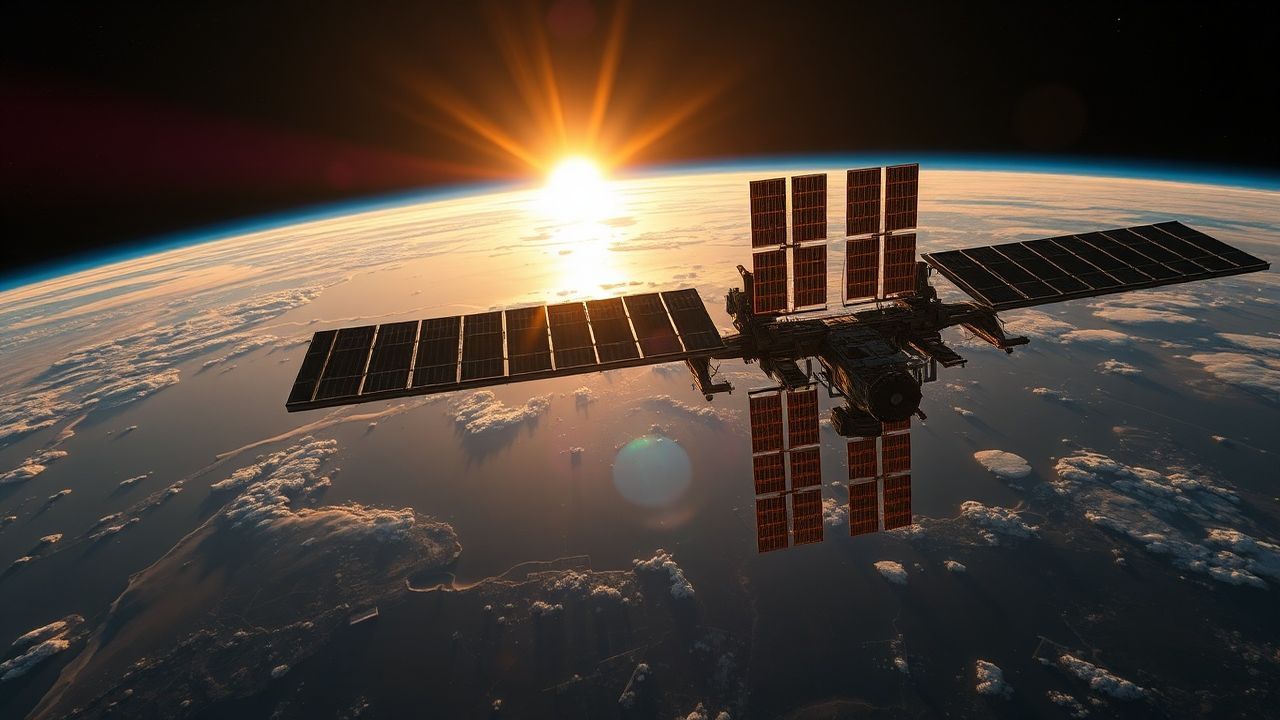 Vast Space Station Orbiting at Sunrise