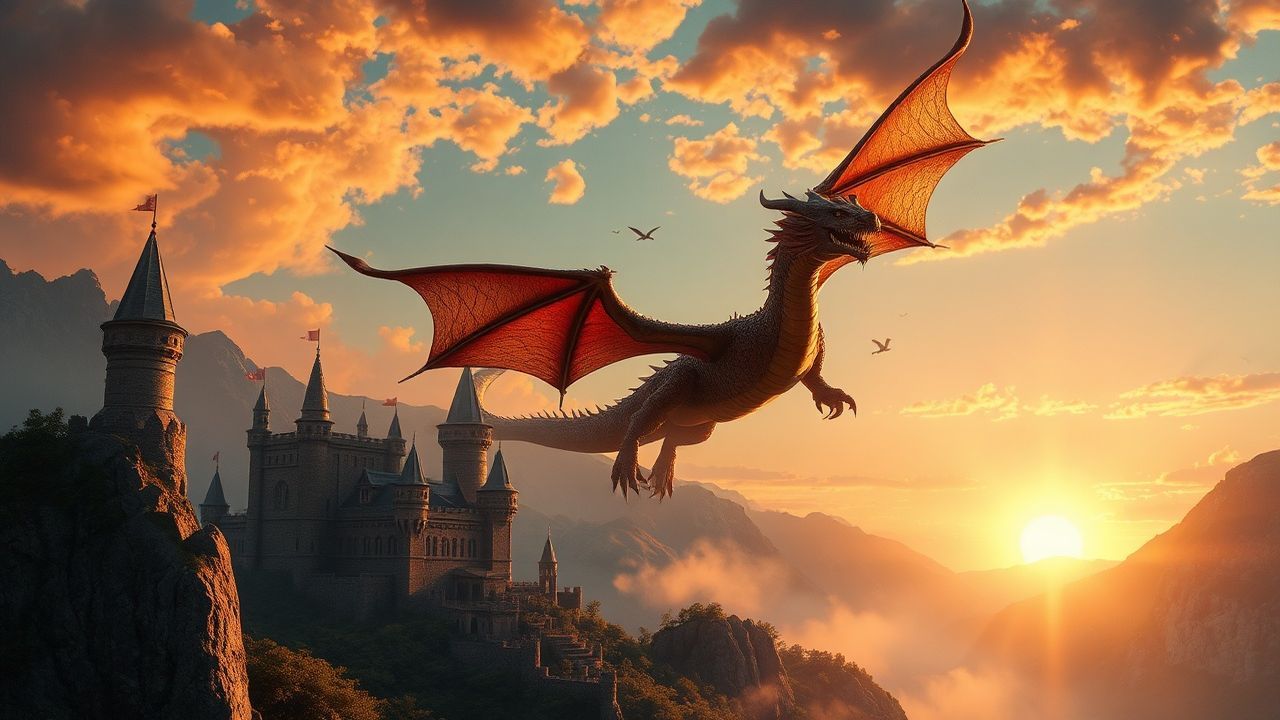 Wondrous Dragon Flying Medieval at Sunset