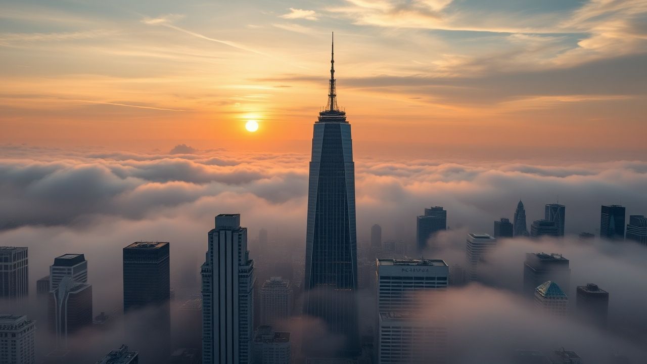 Towering City Skyscrapers Emerging in the Mist