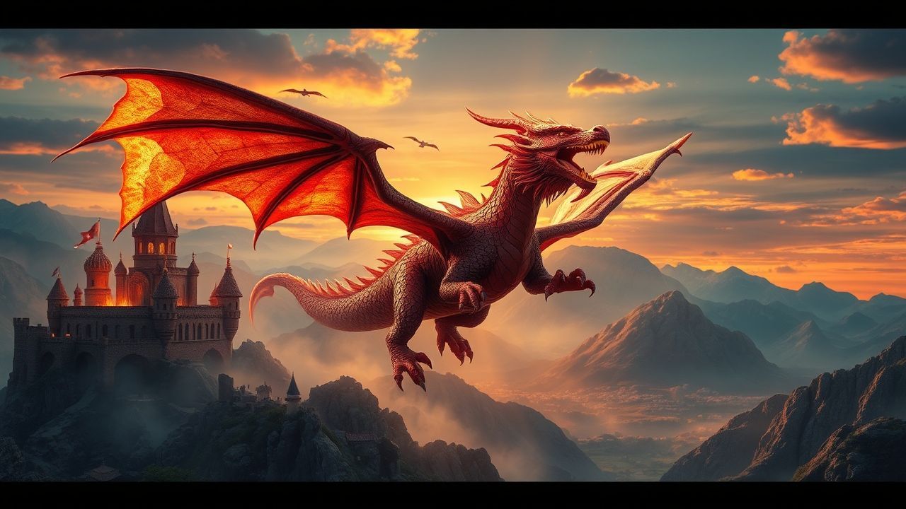 Celestial Dragon Flying Medieval at Sunset
