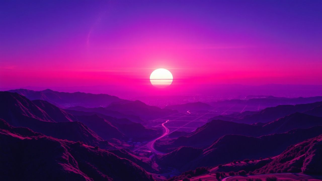 Glitch Vaporwave Grid Mountains at Sunset