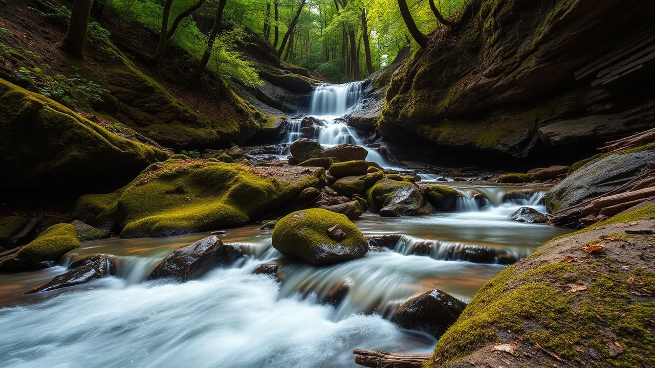 Golden Forest Stream Mossy Serenity