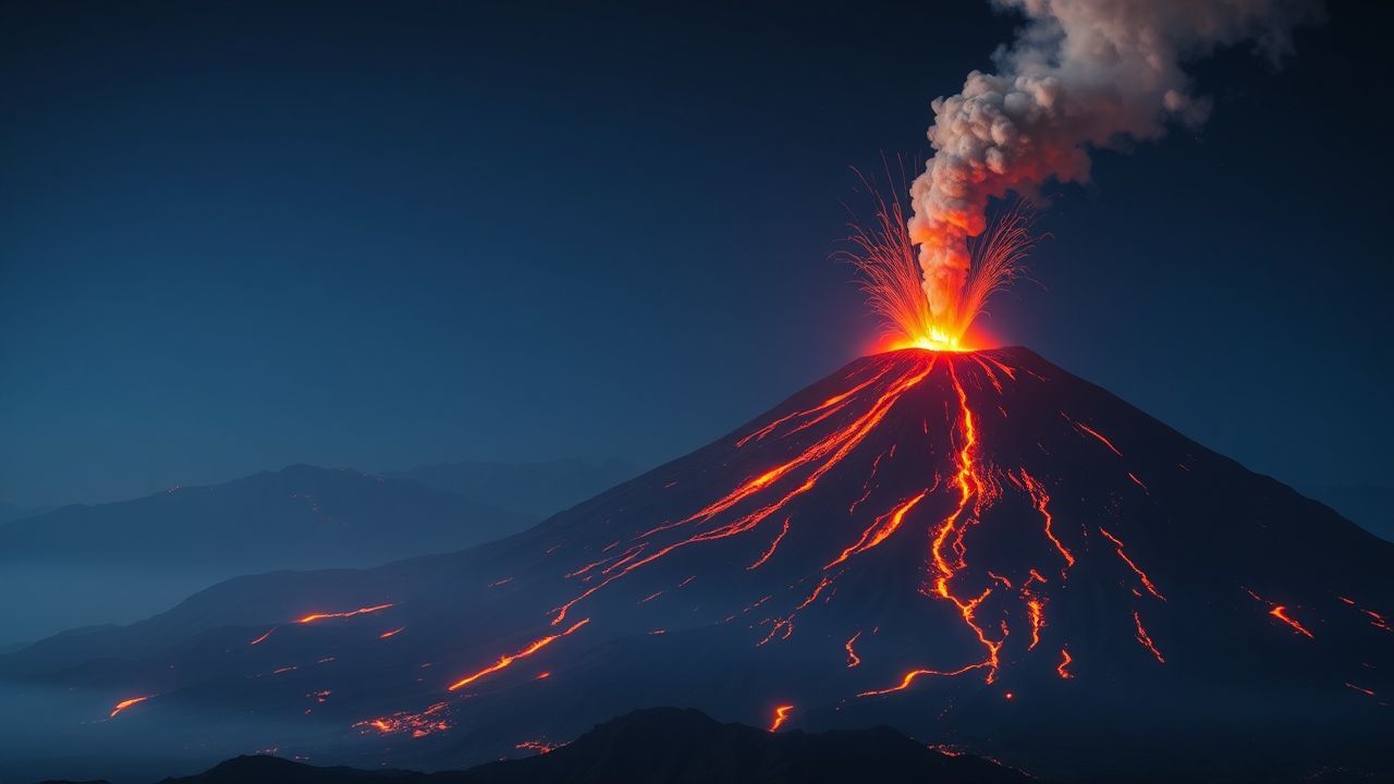 Serene Volcanic Eruption Lava by Night
