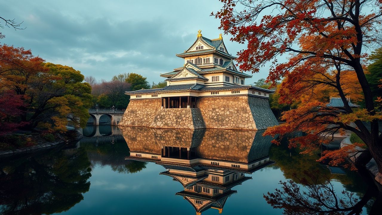 Peaceful Japanese Castle Maple in Autumn