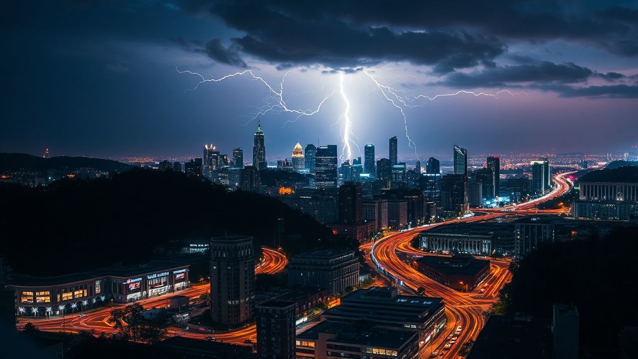 Radiant Lightning Bolt City by Night