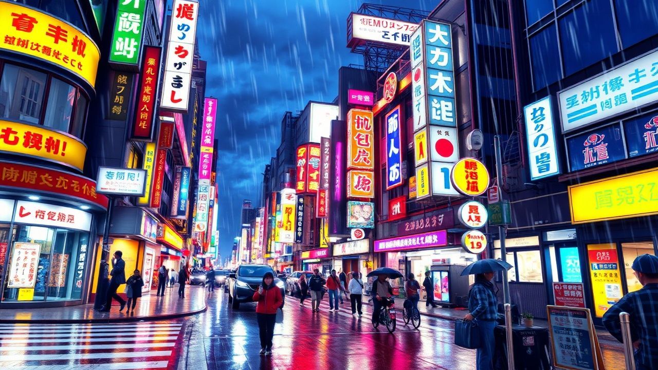 Vibrant Tokyo Street Signs in the Rain