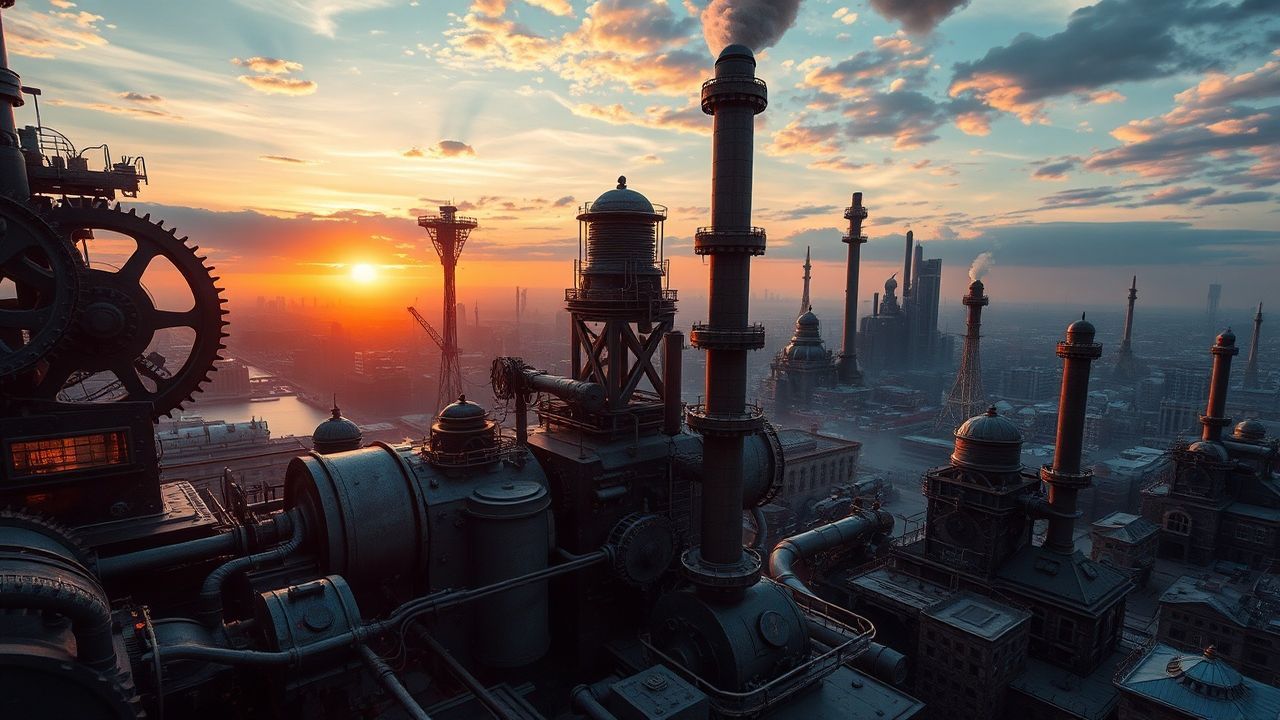 Victorian Steampunk City Brass at Sunset