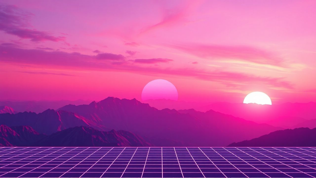 Glitch Vaporwave Grid Mountains at Sunset