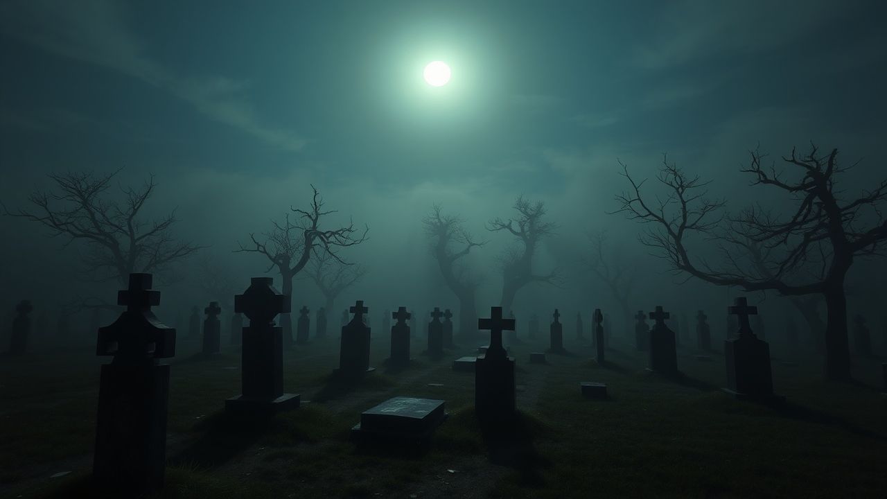 Ominous Graveyard Full Moon in the Mist