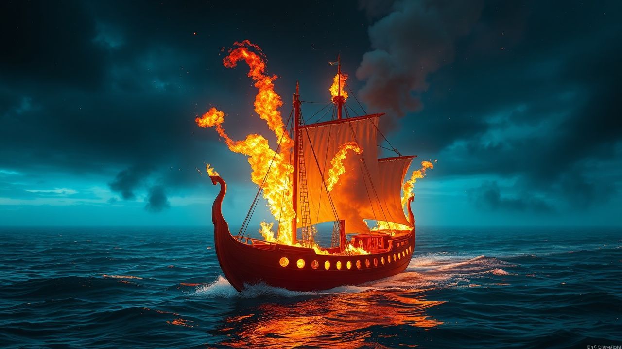 Twilight Viking Funeral Burning by Night