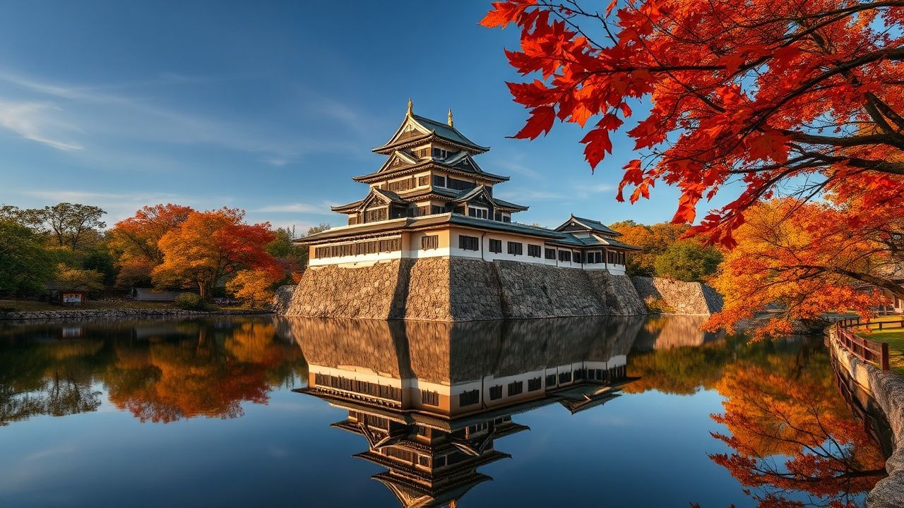 Tranquil Japanese Castle Maple in Autumn