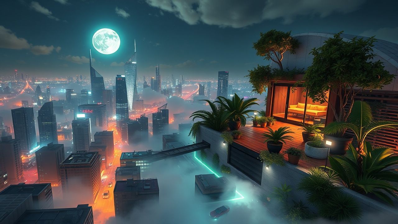 Neon Rooftop Garden Oasis by Night