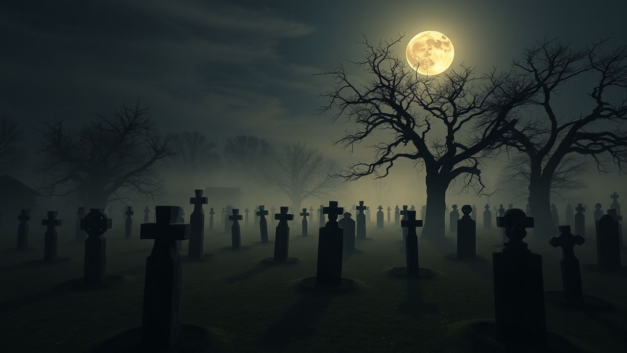 Haunting Graveyard Full Moon in the Mist