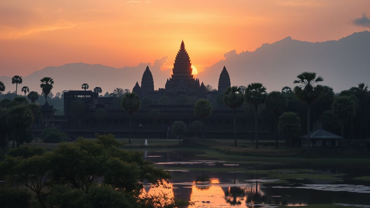 Ancient Angkor Wat Wat Temple at Sunrise