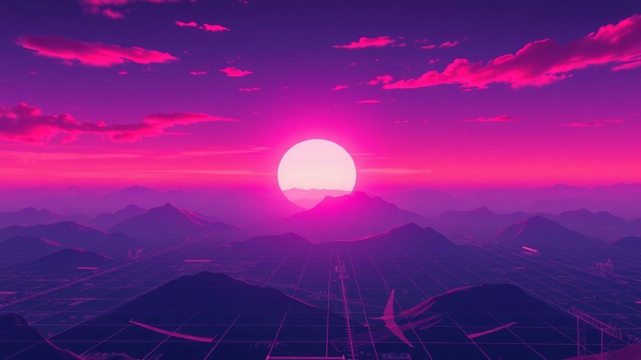 Digital Vaporwave Grid Mountains at Sunset