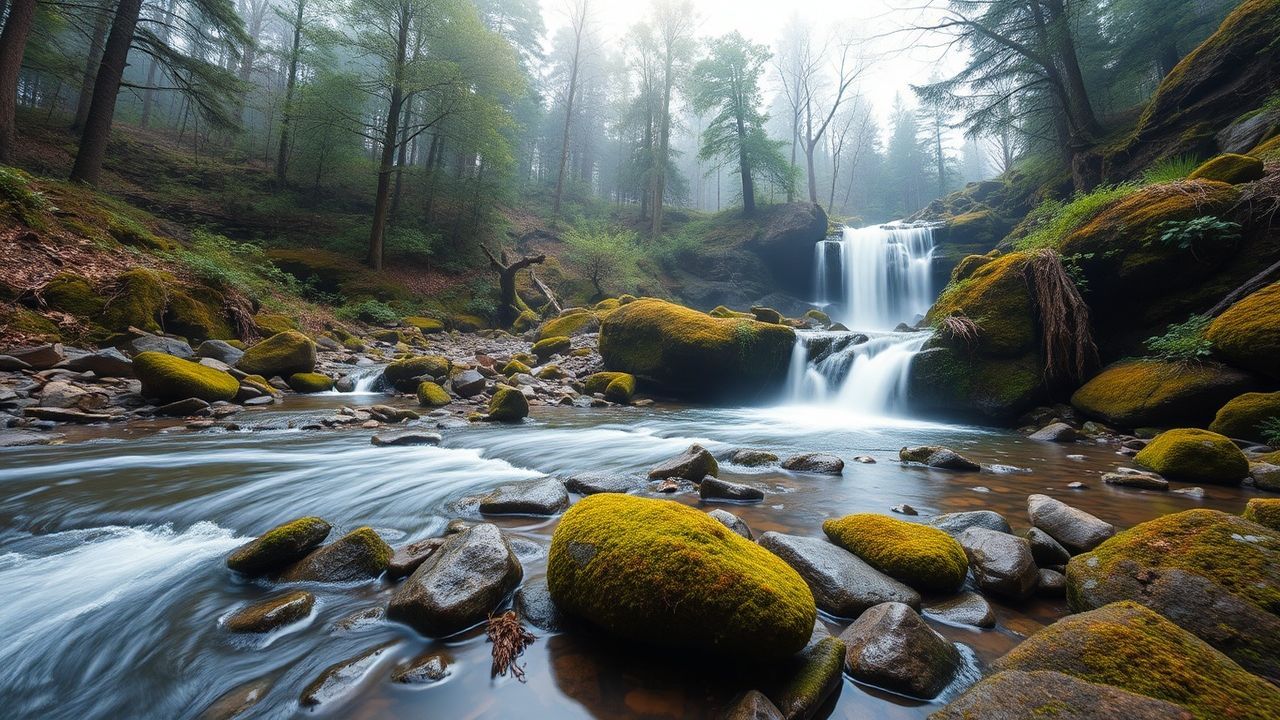 Radiant Forest Stream Mossy Serenity