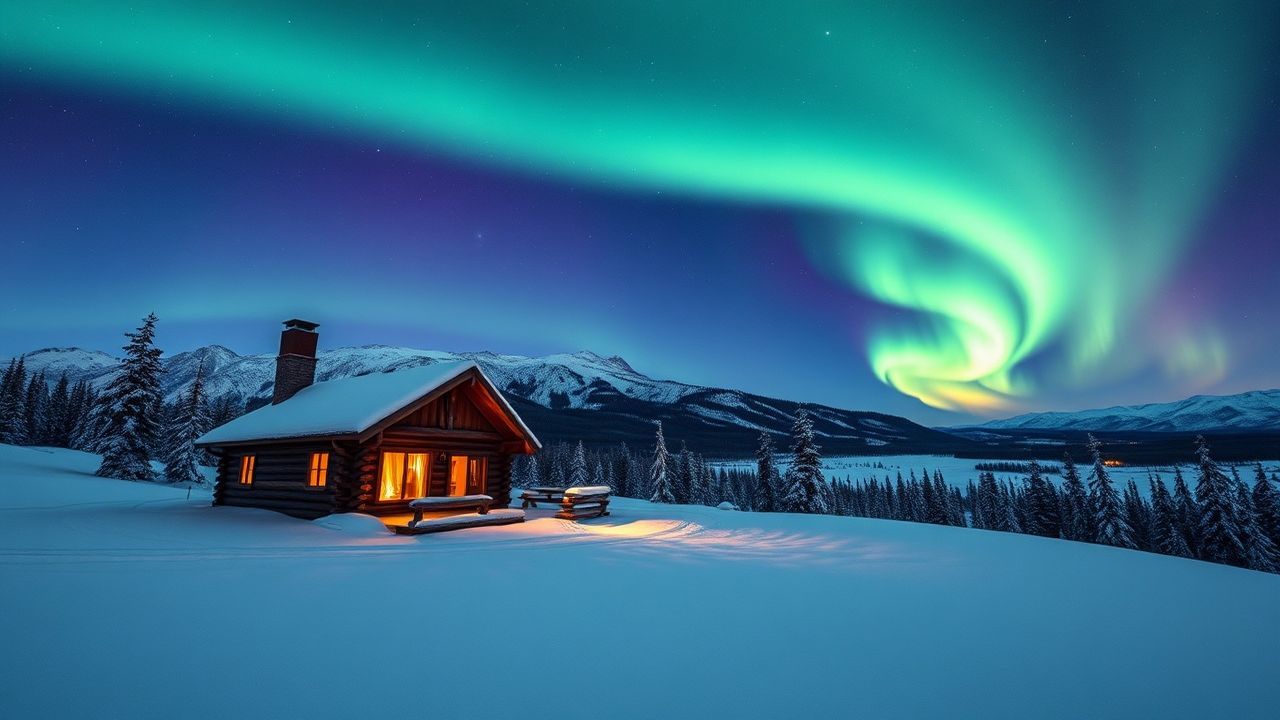 Dramatic Northern Lights Cabin in Winter
