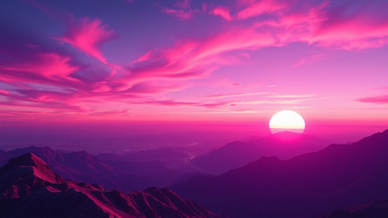 Neon Vaporwave Grid Mountains at Sunset