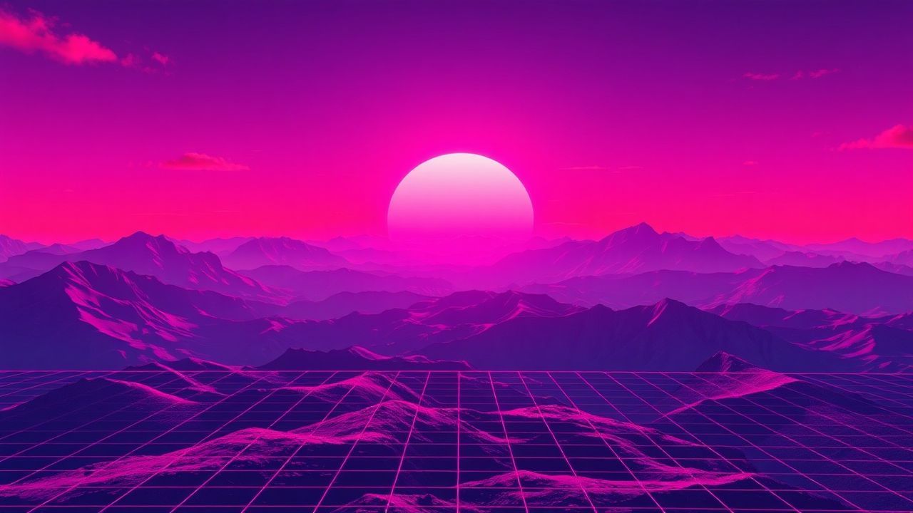 Retro Vaporwave Grid Mountains at Sunset