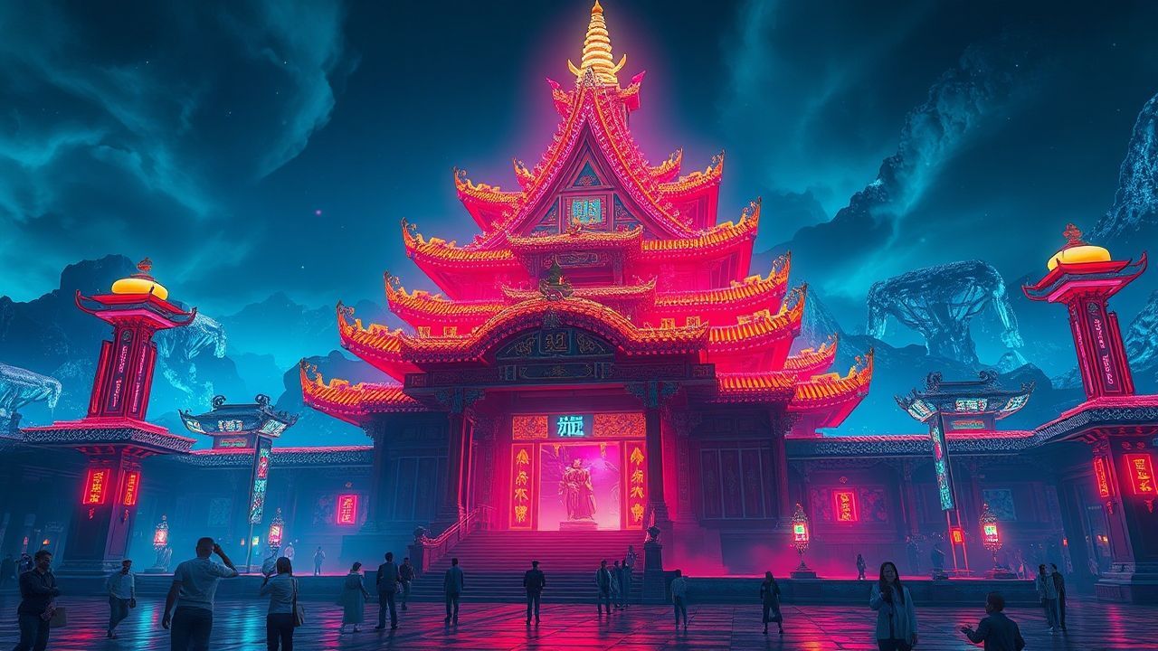 Vibrant Temple Shrine Traditional Neon Dreams
