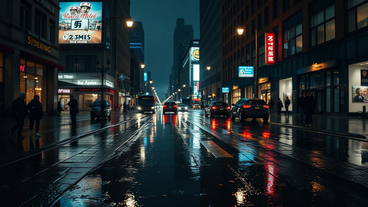 Towering Street Reflections Lights in the Rain