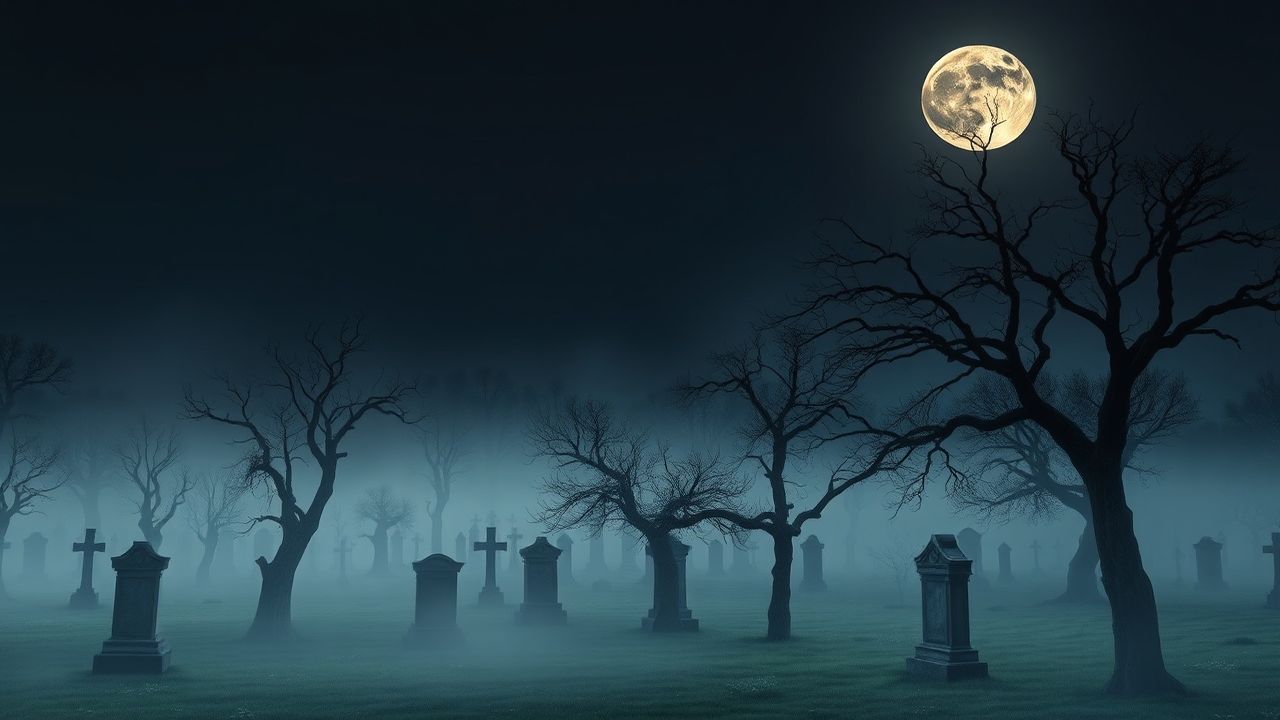 Mysterious Graveyard Full Moon in the Mist