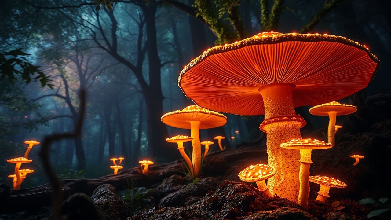 Celestial Bioluminescent Mushroom Forest Glow
