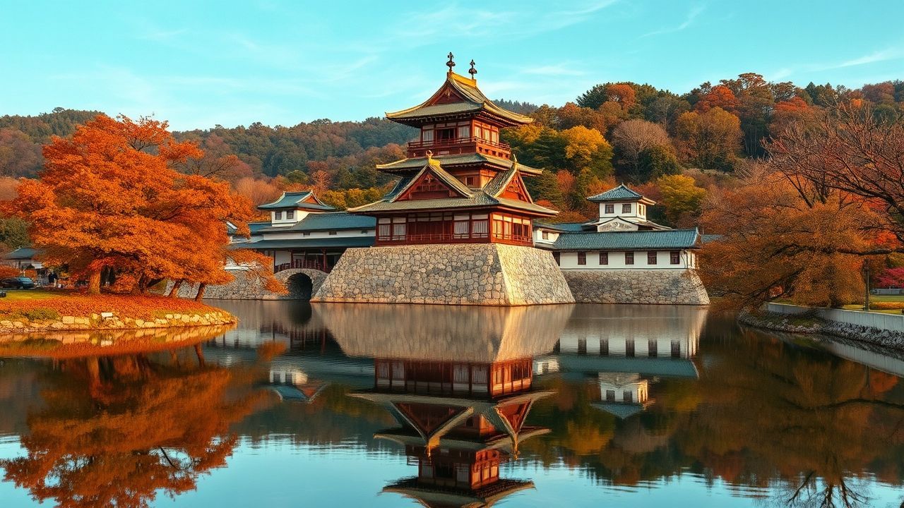 Ancient Japanese Castle Maple in Autumn