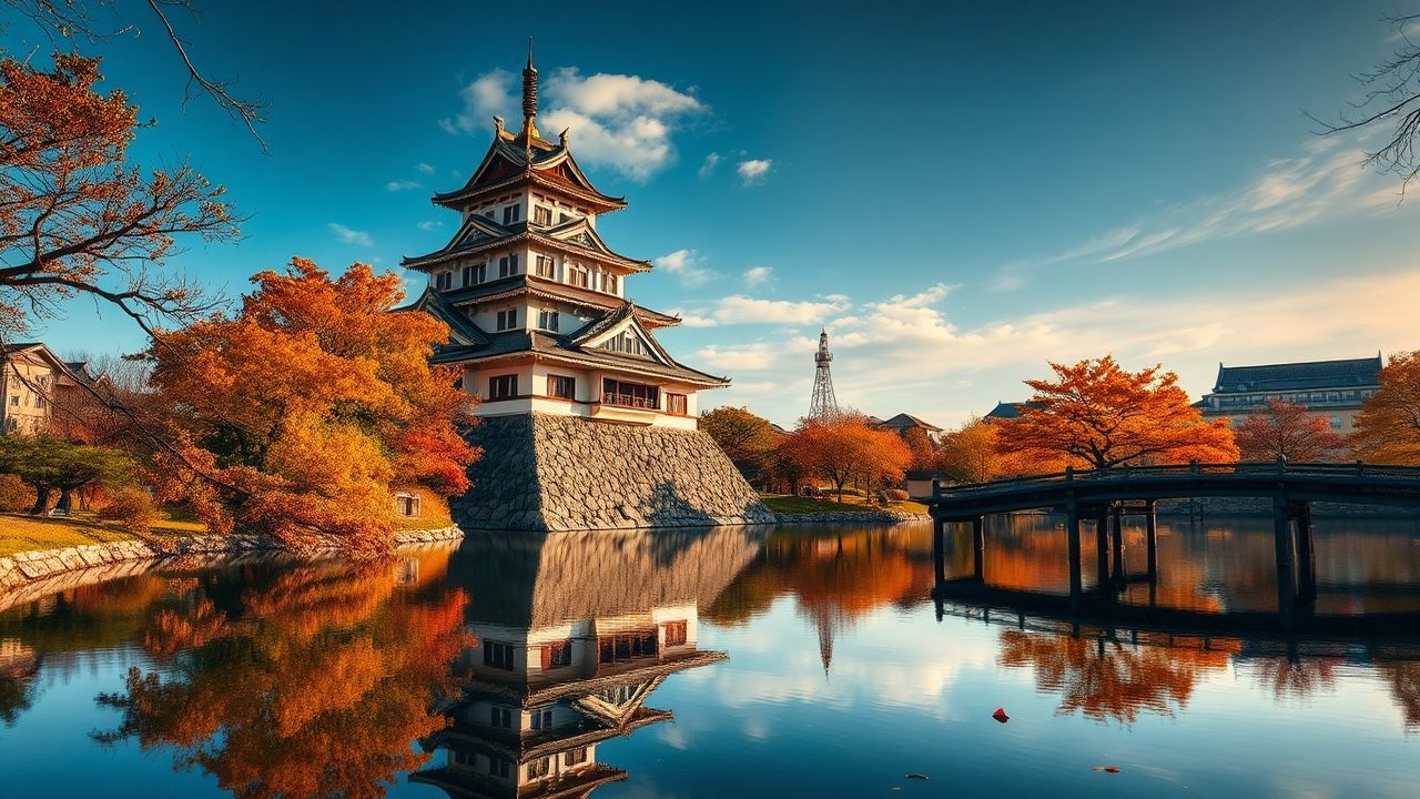 Ancient Japanese Castle Maple in Autumn