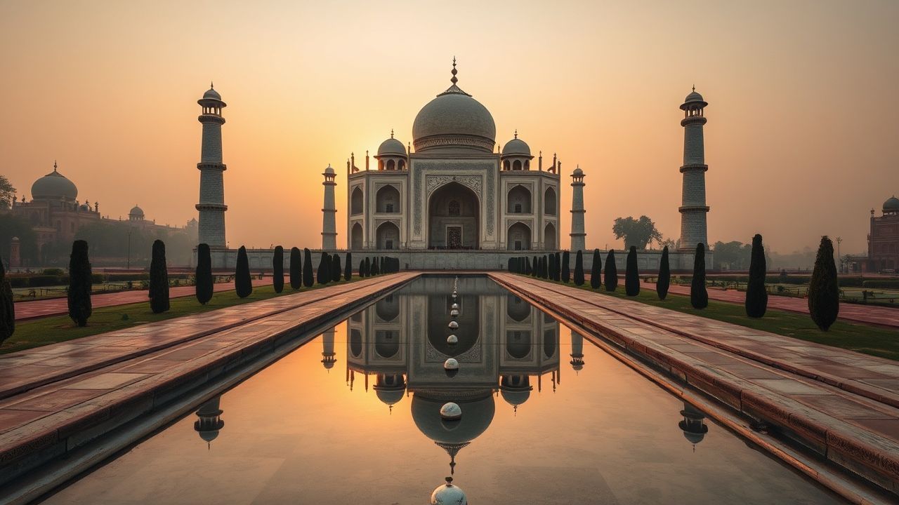 Ancient Taj Mahal Symmetry at Sunrise