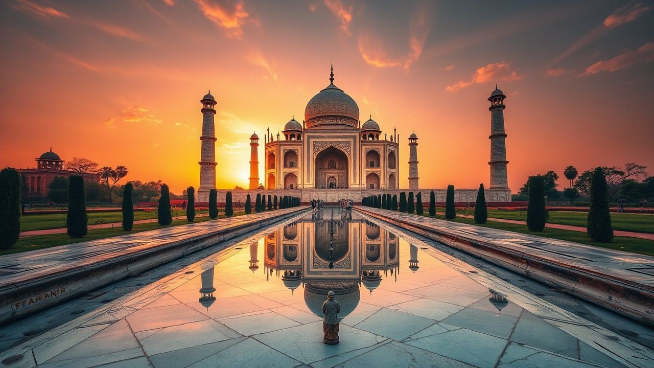 Majestic Taj Mahal Symmetry at Sunrise
