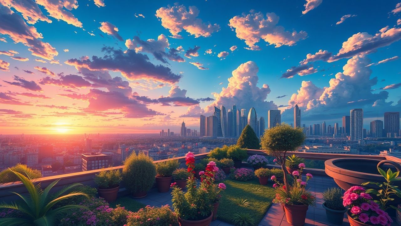 Luminous Rooftop Garden City at Sunset