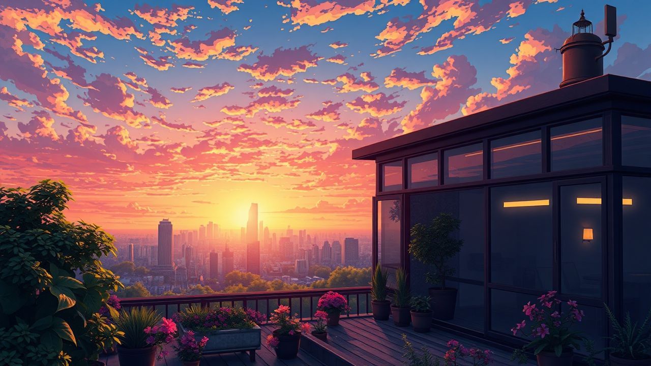 Whimsical Rooftop Garden City at Sunset