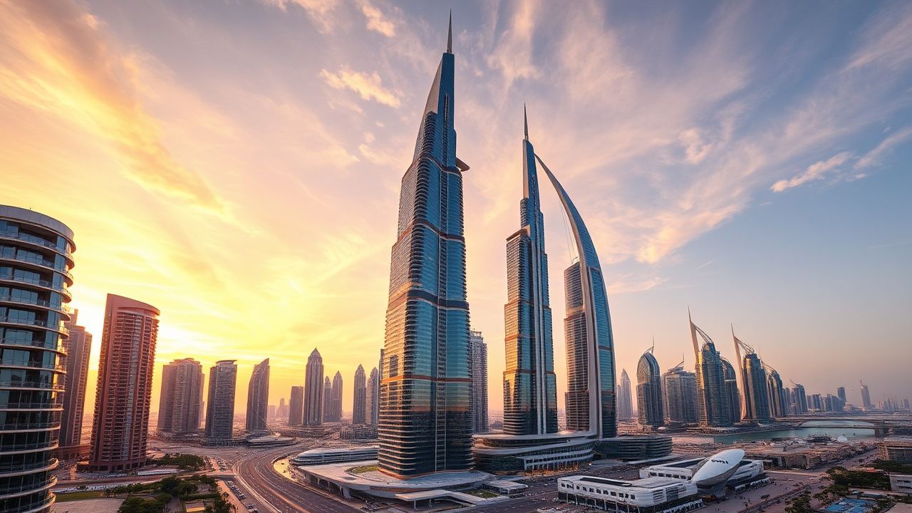 Timeless Dubai Futuristic Towers at Sunset