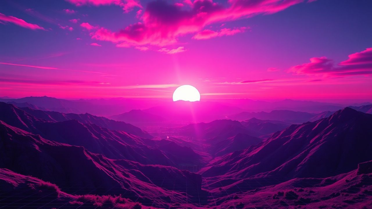 Pristine Vaporwave Grid Mountains at Sunset