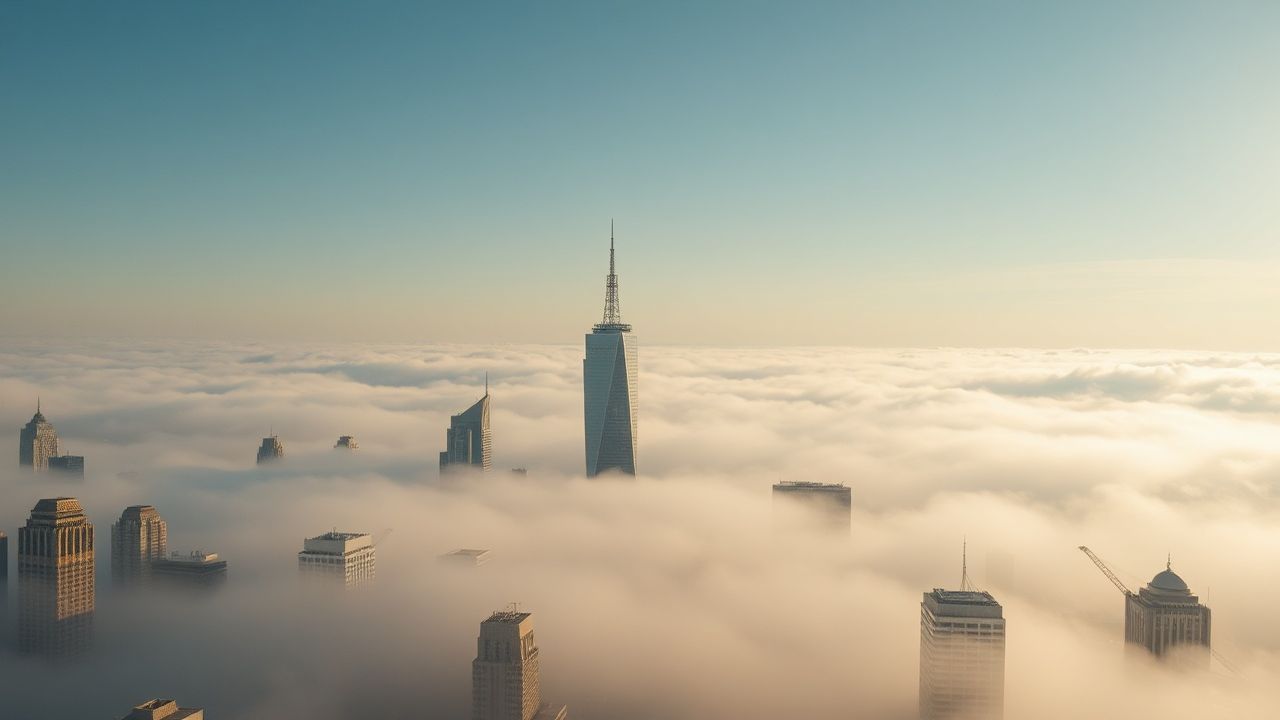 Sleepless City Skyscrapers Emerging in the Mist
