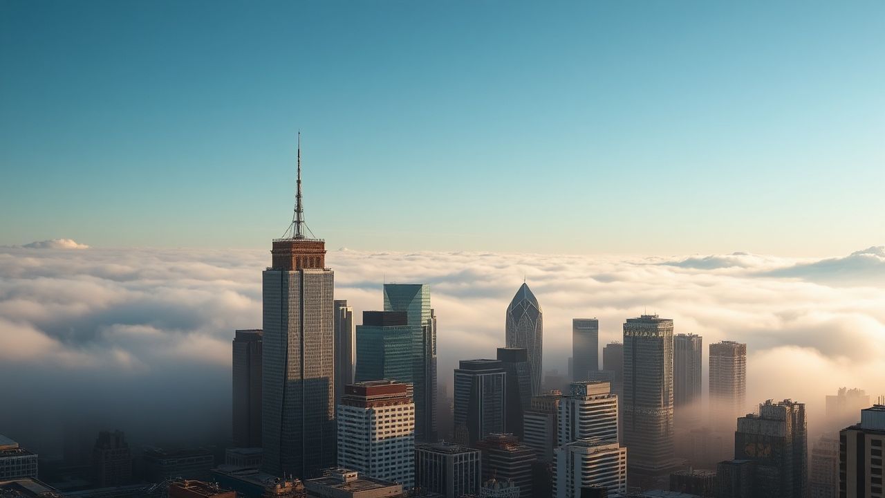 Luminous City Skyscrapers Emerging in the Mist