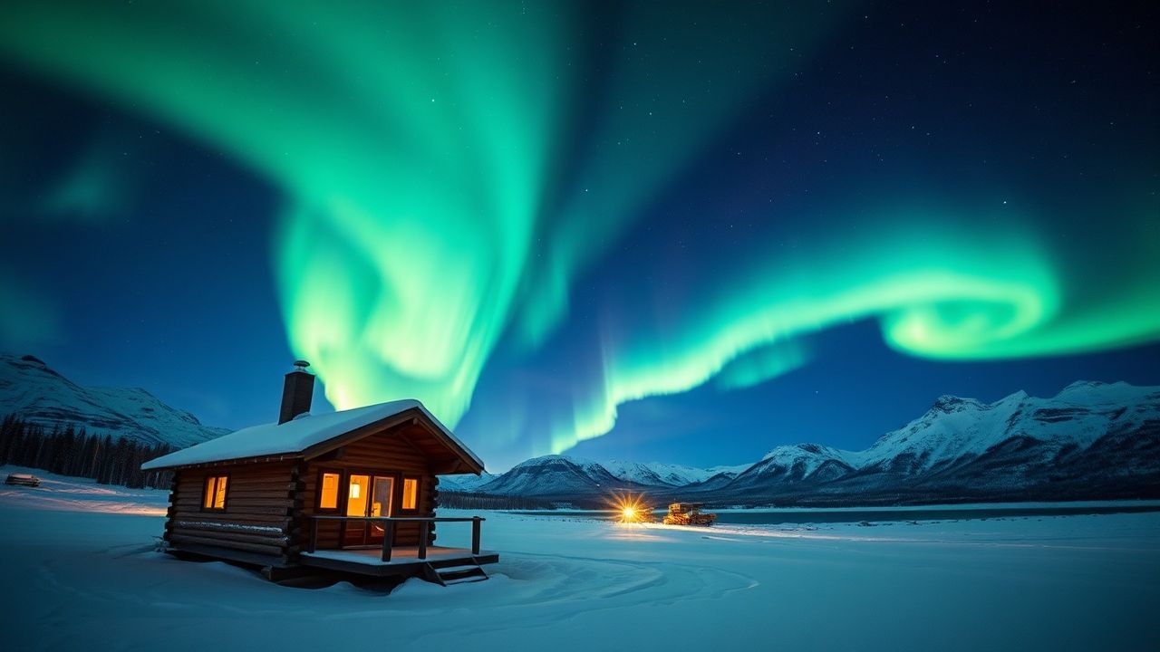 Radiant Northern Lights Cabin in Winter