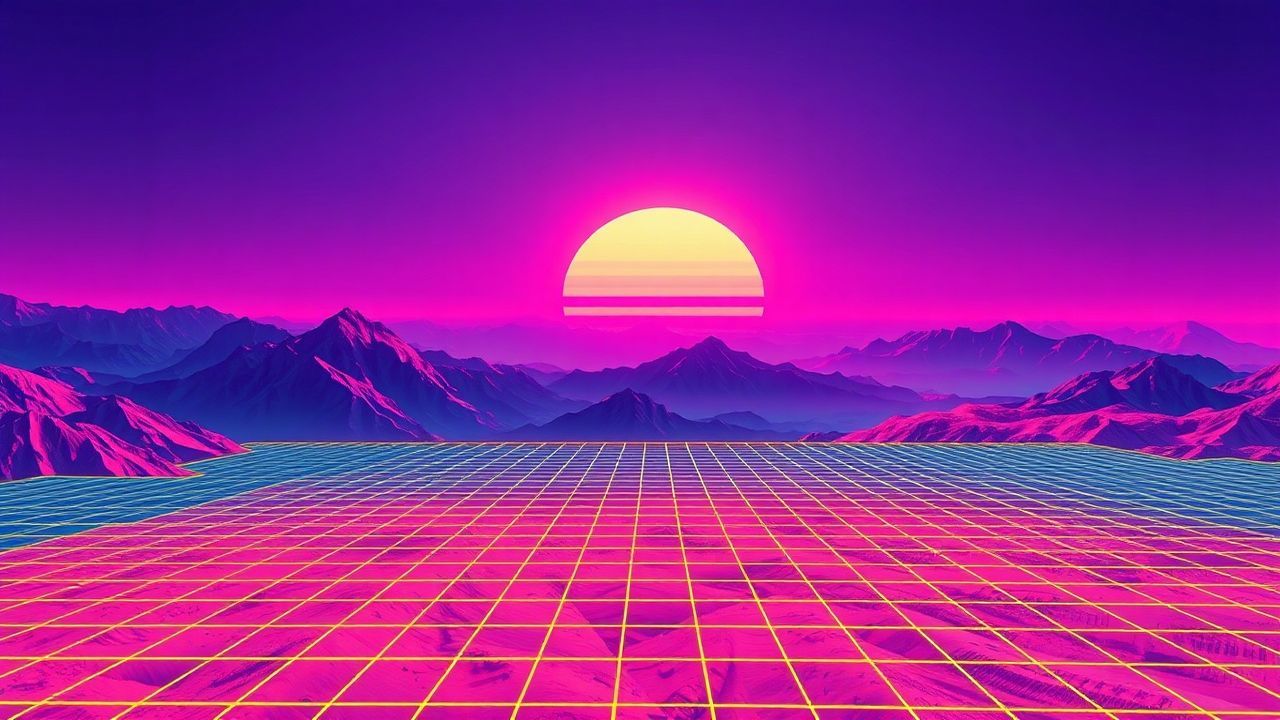 Dazzling Vaporwave Grid Mountains at Sunset
