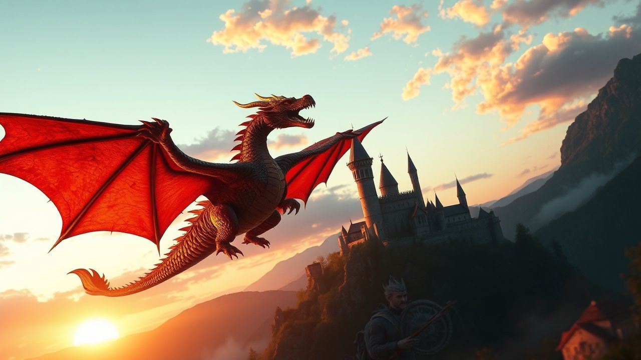 Lustrous Dragon Flying Medieval at Sunset