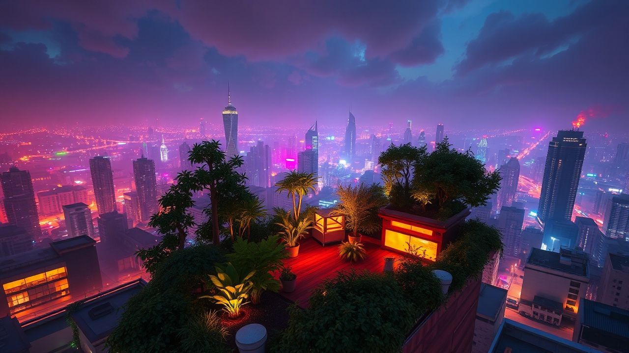 Synthetic Rooftop Garden Oasis by Night