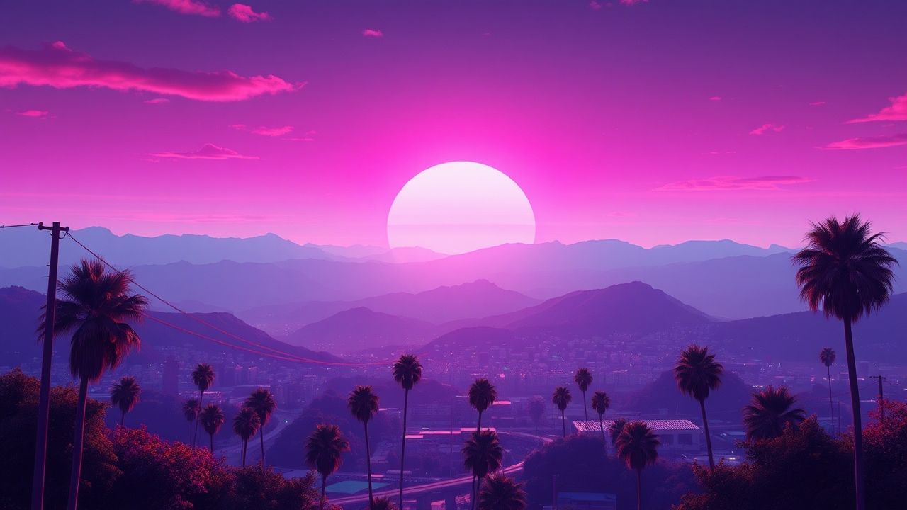 Vibrant Synthwave Grid Mountains at Sunset
