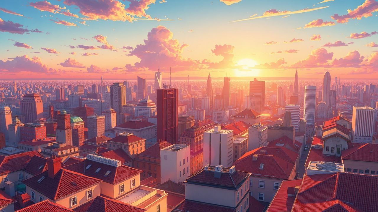 Enchanting Anime Cityscape Hour in Golden Light